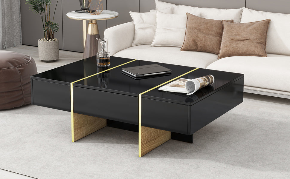 Luxe Divine Collection ~ 47.2 inch x 31.4 inch multifunctional rectangular sofa table with 2 drawers and gold wood grain leg center table, black