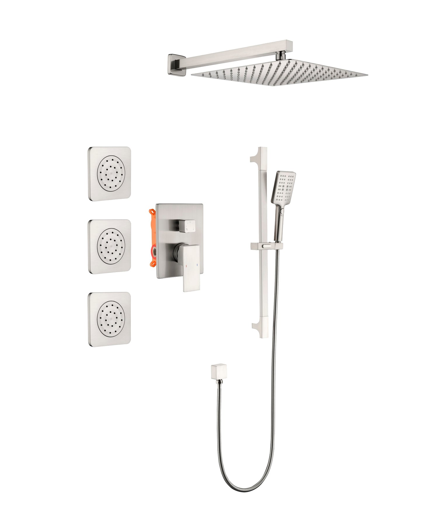 Luxe Divine Collection ~ Shower System With Shower Head, Hand Shower, Slide Bar, Sprayer, Shower Arm, Hose, Valve Trim And Lever Handle