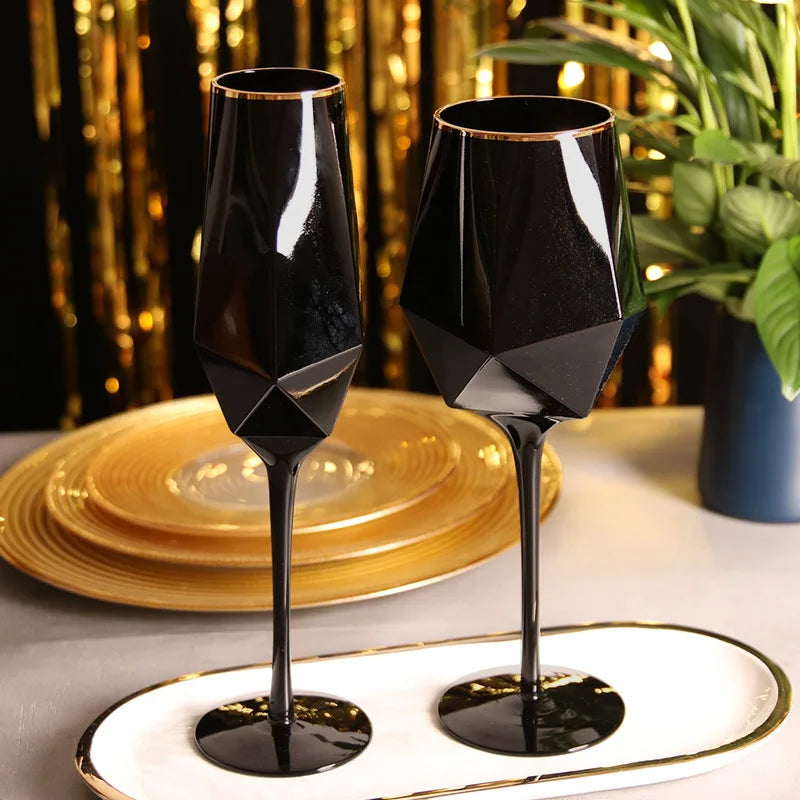 Luxe Divine Collection ~ Pure Black Crystal Golden Edge Wine Glass, Special Champagne Glasses