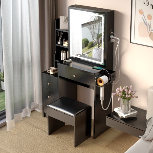 Luxe Divine Collection ~ Black Small Space Left Bedside Cabinet Vanity Table Cushioned Stool, Power Station, Hair Dryer Bracket