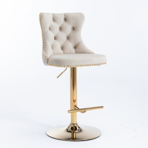 Luxe Divine Collection ~ Golden Swivel Velvet Barstools Adjustable Seat Height From 25-33 Inch Beige, Nailhead Trim, Set Of 2