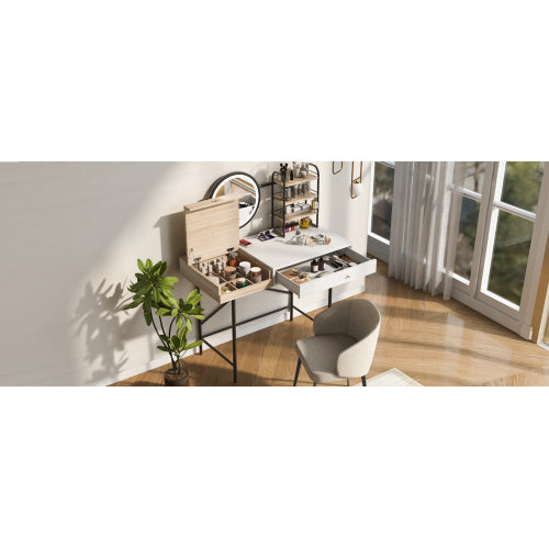 Luxe Divine Collection ~ Makeup Vanity Desk With 3-Mode Lighted Mirror & Wireless Charging Station , Vanity Table With Drawer & 3 Open Shelves For Ample Storage Space