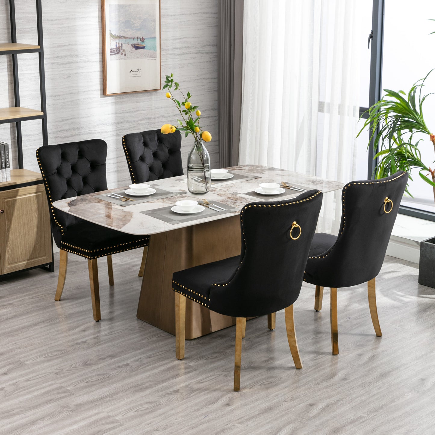 Luxe Divine Collection ~ Black Solid wood velvet cushion chair, gold-plated stainless steel chair leg nail head decoration 2-piece set in black and gold
