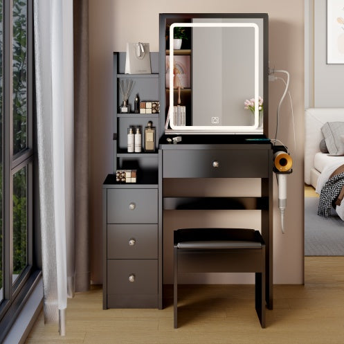 Luxe Divine Collection ~ Black Small Space Left Bedside Cabinet Vanity Table Cushioned Stool, Power Station, Hair Dryer Bracket