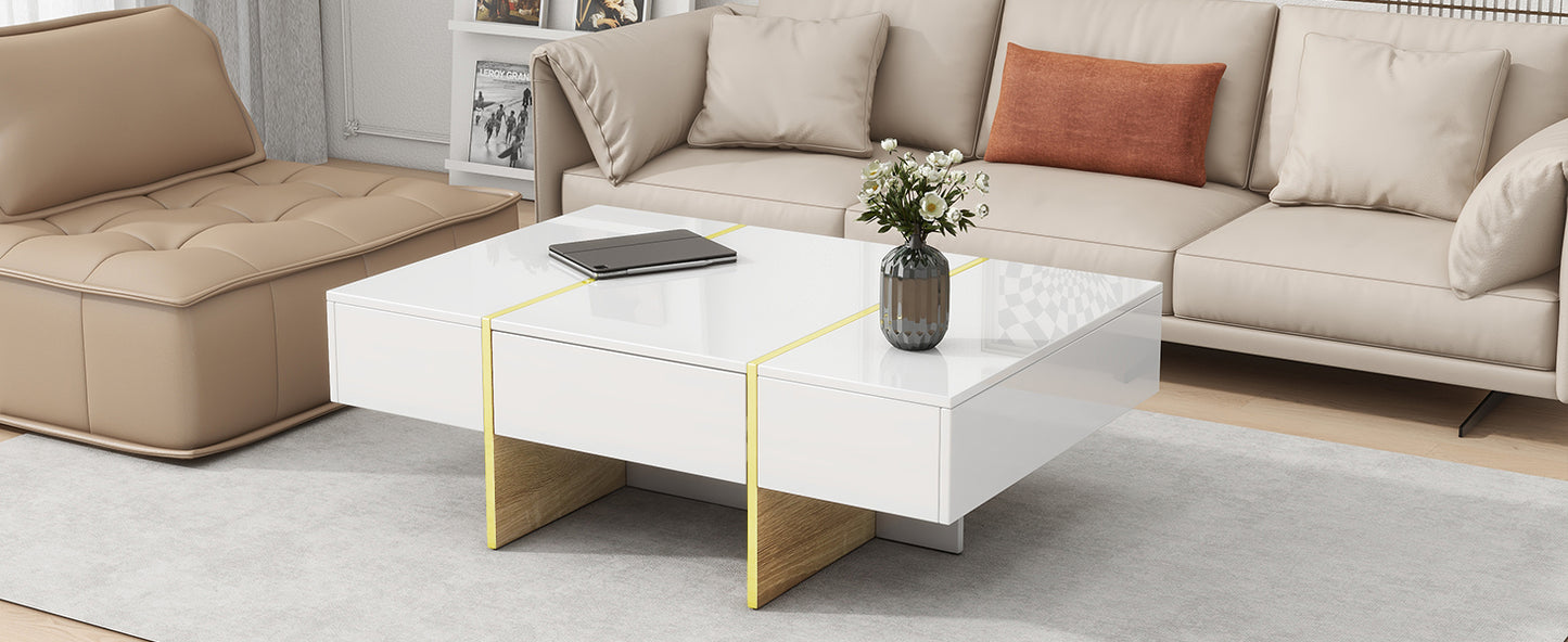 Luxe Divine Collection ~ 47.2 inch x 31.4 inch Multifunctional Rectangular Sofa Table with 2 drawers and Gold Wood Grain Leg Center Table, white