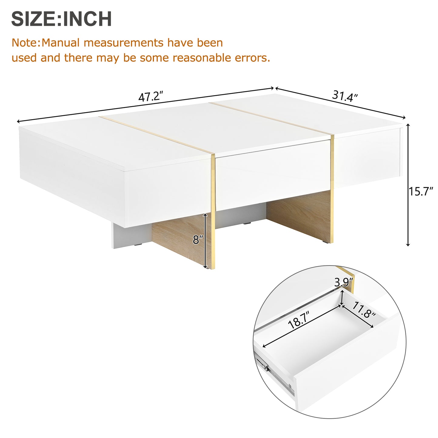 Luxe Divine Collection ~ 47.2 inch x 31.4 inch Multifunctional Rectangular Sofa Table with 2 drawers and Gold Wood Grain Leg Center Table, white