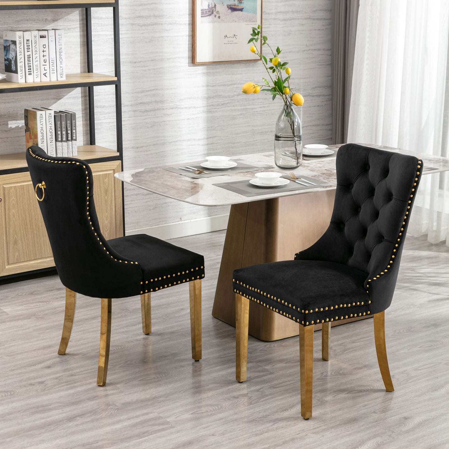 Luxe Divine Collection ~ Black Solid wood velvet cushion chair, gold-plated stainless steel chair leg nail head decoration 2-piece set in black and gold
