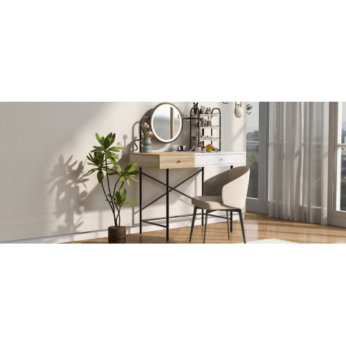 Luxe Divine Collection ~ Makeup Vanity Desk With 3-Mode Lighted Mirror & Wireless Charging Station , Vanity Table With Drawer & 3 Open Shelves For Ample Storage Space