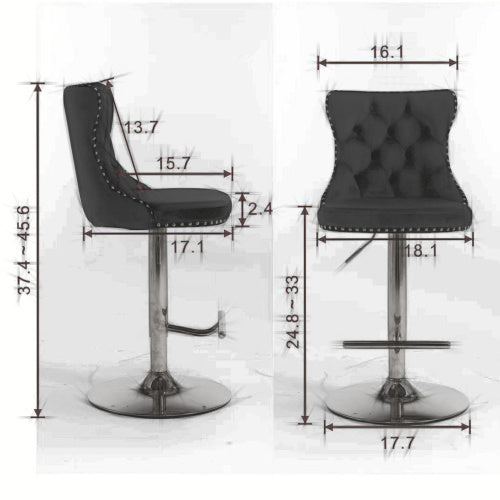 Luxe Divine Collection ~ Golden Swivel Velvet Barstools Adjustable Seat Height From 25-33 Inch Gray, Nailhead Trim, Set Of 2
