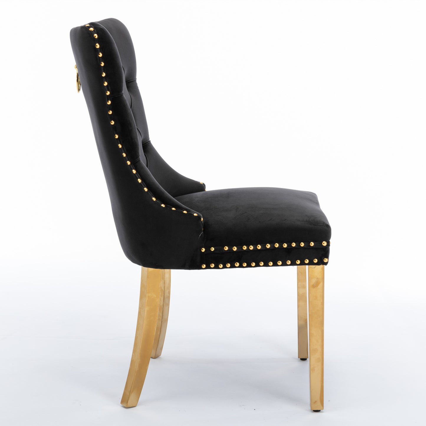 Luxe Divine Collection ~ Black Solid wood velvet cushion chair, gold-plated stainless steel chair leg nail head decoration 2-piece set in black and gold