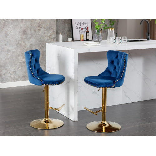 Luxe Divine Collection ~ Golden Swivel Velvet Barstools Adjustable Seat Height From 25-33 Inch Blue, Nailhead Trim, Set Of 2