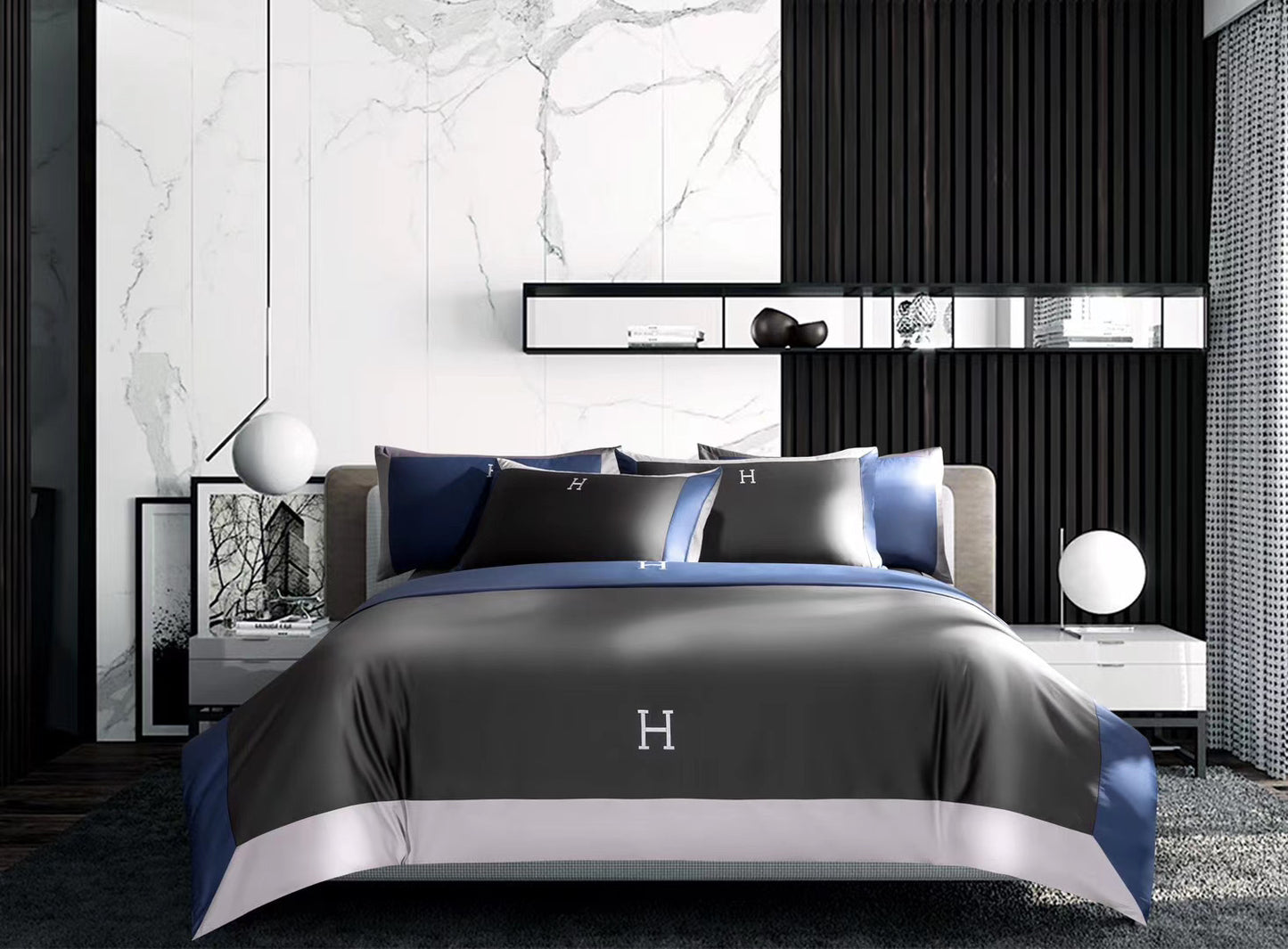 Luxe Divine Collection ~ Luxury Solid Color 60 Long-Staple Cotton Letter Embroidery Four-Piece Bedding Set