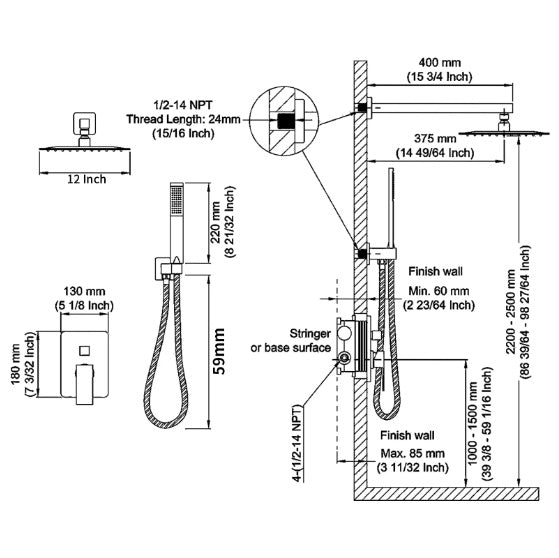 Luxe Divine Collection ~ Gold Shower System Shower Mixer Combo Set Wall-mounted