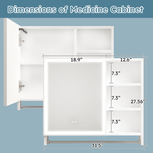 Luxe Divine Collection ~ Modern 32x28 Inch Bathroom Cabinet With Mirror And LED Lights