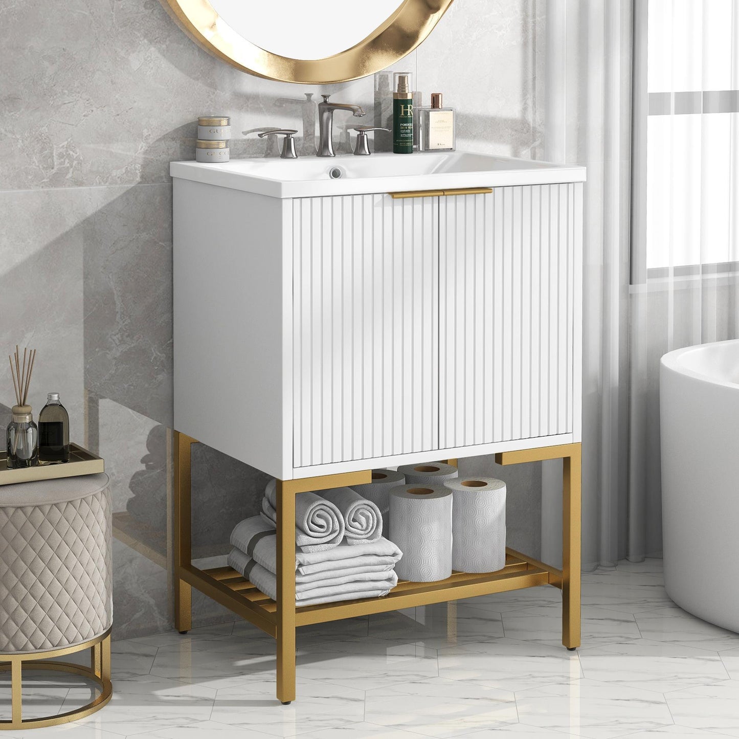 Luxe Divine Collection ~ 24 Inches Bathroom Vanity With Two Doors And Gold Metal Frame, Open Storage Shelves, White