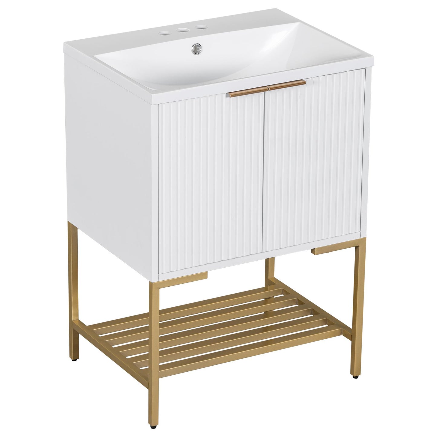 Luxe Divine Collection ~ 24 Inches Bathroom Vanity With Two Doors And Gold Metal Frame, Open Storage Shelves, White