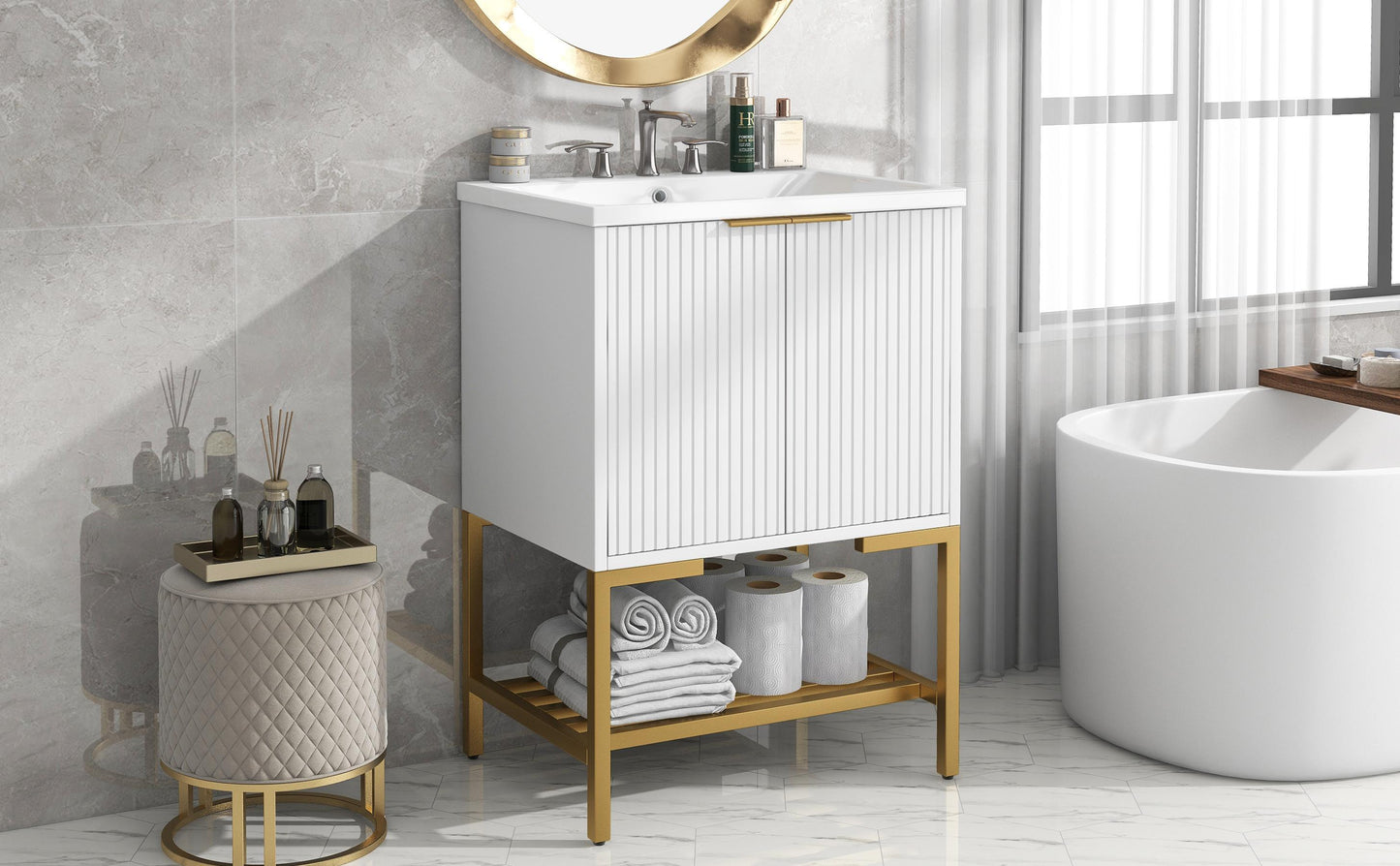 Luxe Divine Collection ~ 24 Inches Bathroom Vanity With Two Doors And Gold Metal Frame, Open Storage Shelves, White