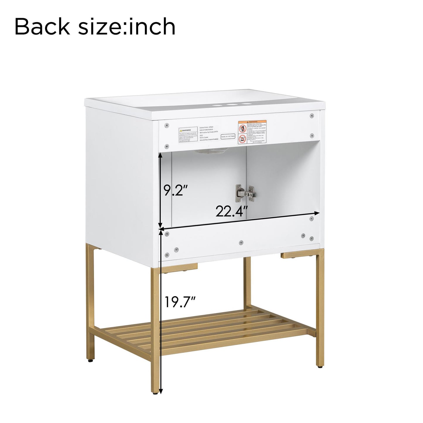Luxe Divine Collection ~ 24 Inches Bathroom Vanity With Two Doors And Gold Metal Frame, Open Storage Shelves, White