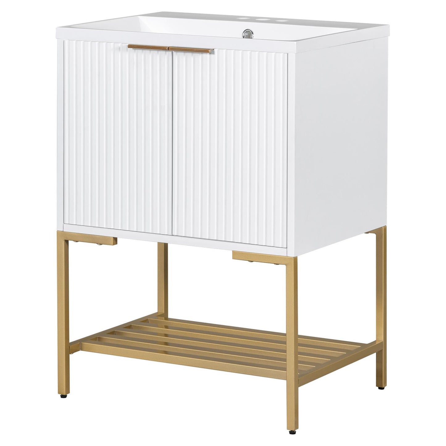 Luxe Divine Collection ~ 24 Inches Bathroom Vanity With Two Doors And Gold Metal Frame, Open Storage Shelves, White