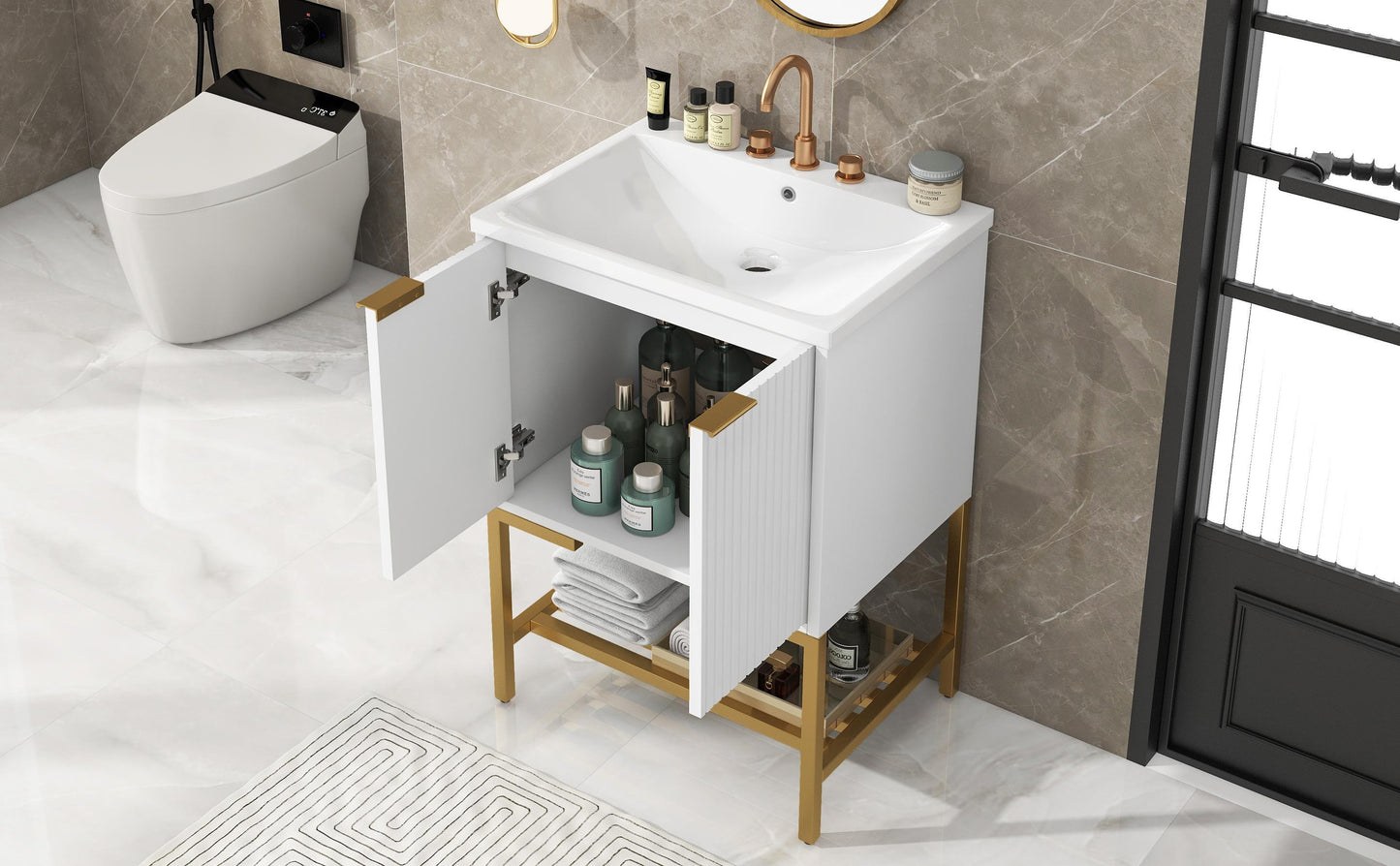 Luxe Divine Collection ~ 24 Inches Bathroom Vanity With Two Doors And Gold Metal Frame, Open Storage Shelves, White