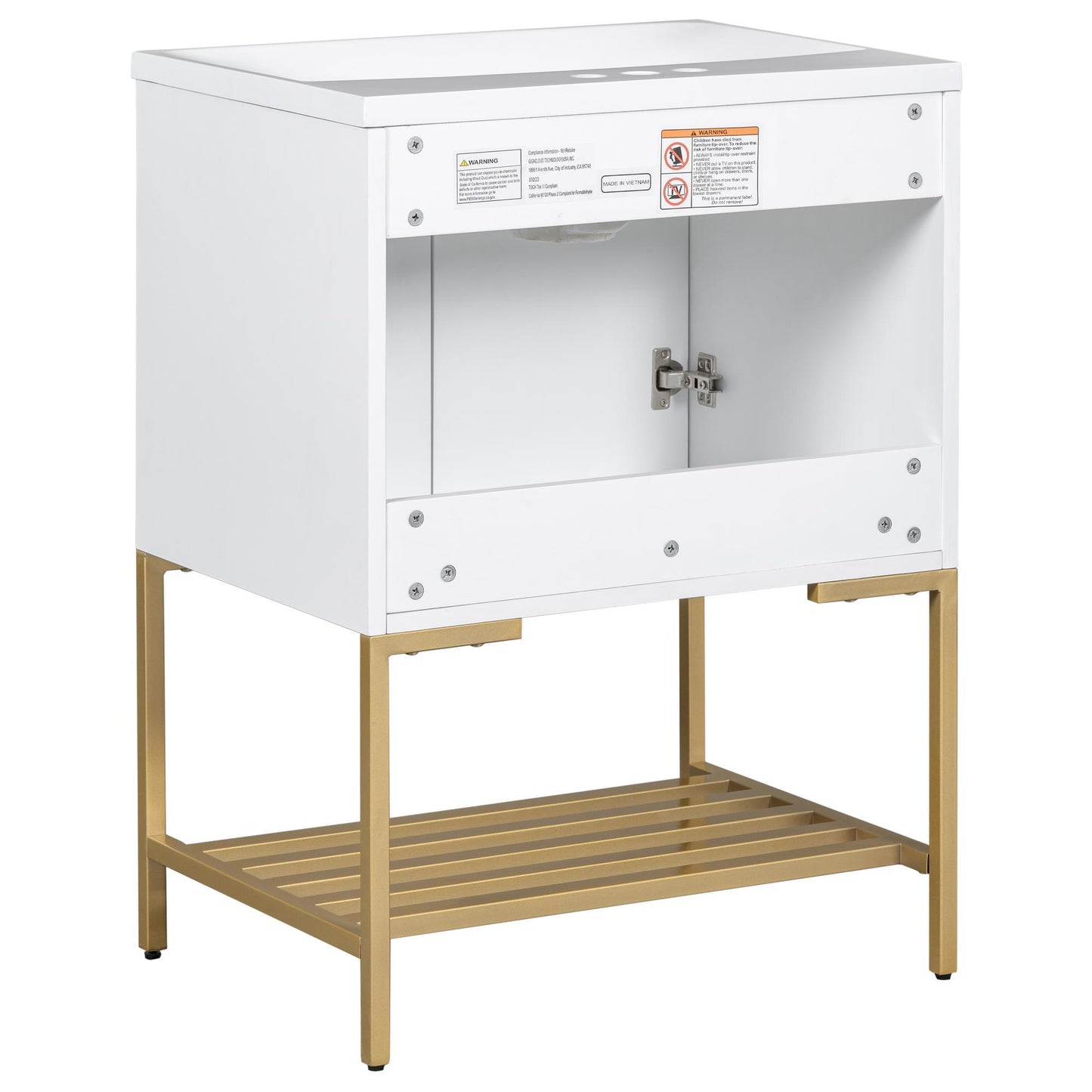 Luxe Divine Collection ~ 24 Inches Bathroom Vanity With Two Doors And Gold Metal Frame, Open Storage Shelves, White