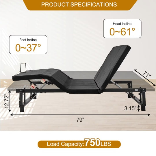 Luxe Divine Collection ~ Adjustable Bed Base Frame Head And Foot Incline, Quiet Motor King Size Zero Gravity, 4 Ports USB, Under-Bed Nightlight