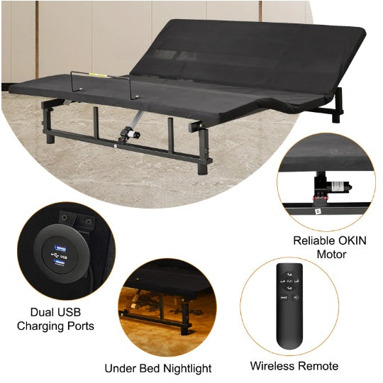 Luxe Divine Collection ~ Adjustable Bed Base Frame Head And Foot Incline, Quiet Motor King Size Zero Gravity, 4 Ports USB, Under-Bed Nightlight
