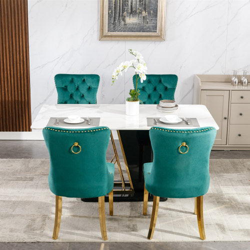 Luxe Divine Collection ~ Luxury Tufted Solid Wood Velvet Upholstered Dining Chair With Golden Stainless Steel Plating Legs, Nailhead Trim, Set Of 2