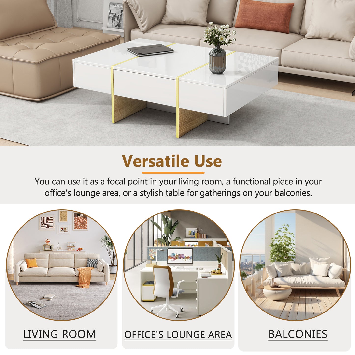 Luxe Divine Collection ~ 47.2 inch x 31.4 inch Multifunctional Rectangular Sofa Table with 2 drawers and Gold Wood Grain Leg Center Table, white