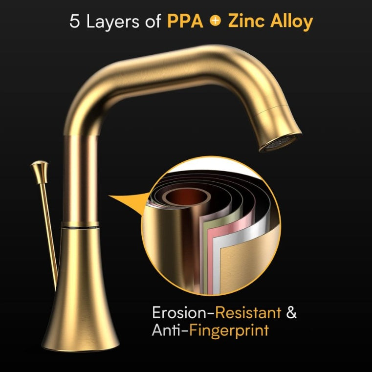 Luxe Divine Collection ~ Brushed Gold Widespread 8 Inch Bathroom Faucet With Pop Up Drain Assembly