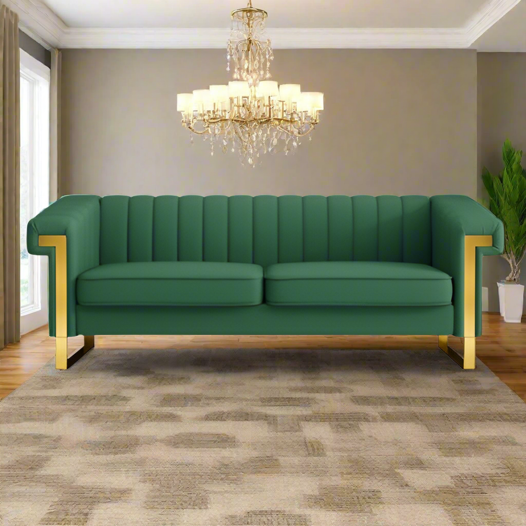 Luxe Divine Collection ~ Sleek Channel-Tufted Upholstery, 3-Seat Sofa with Gold Accents