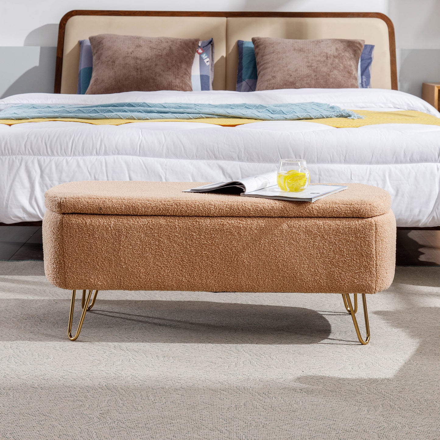 Luxe Divine Collection ~ Camel Storage Ottoman Bench for End of Bed Gold Legs