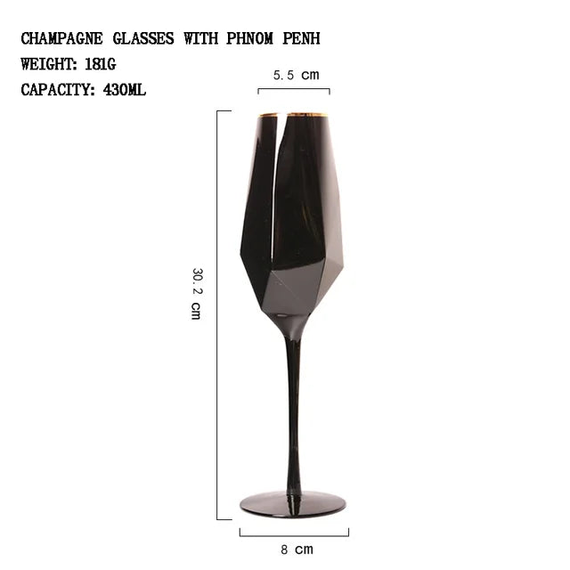 Luxe Divine Collection ~ Pure Black Crystal Golden Edge Wine Glass, Special Champagne Glasses