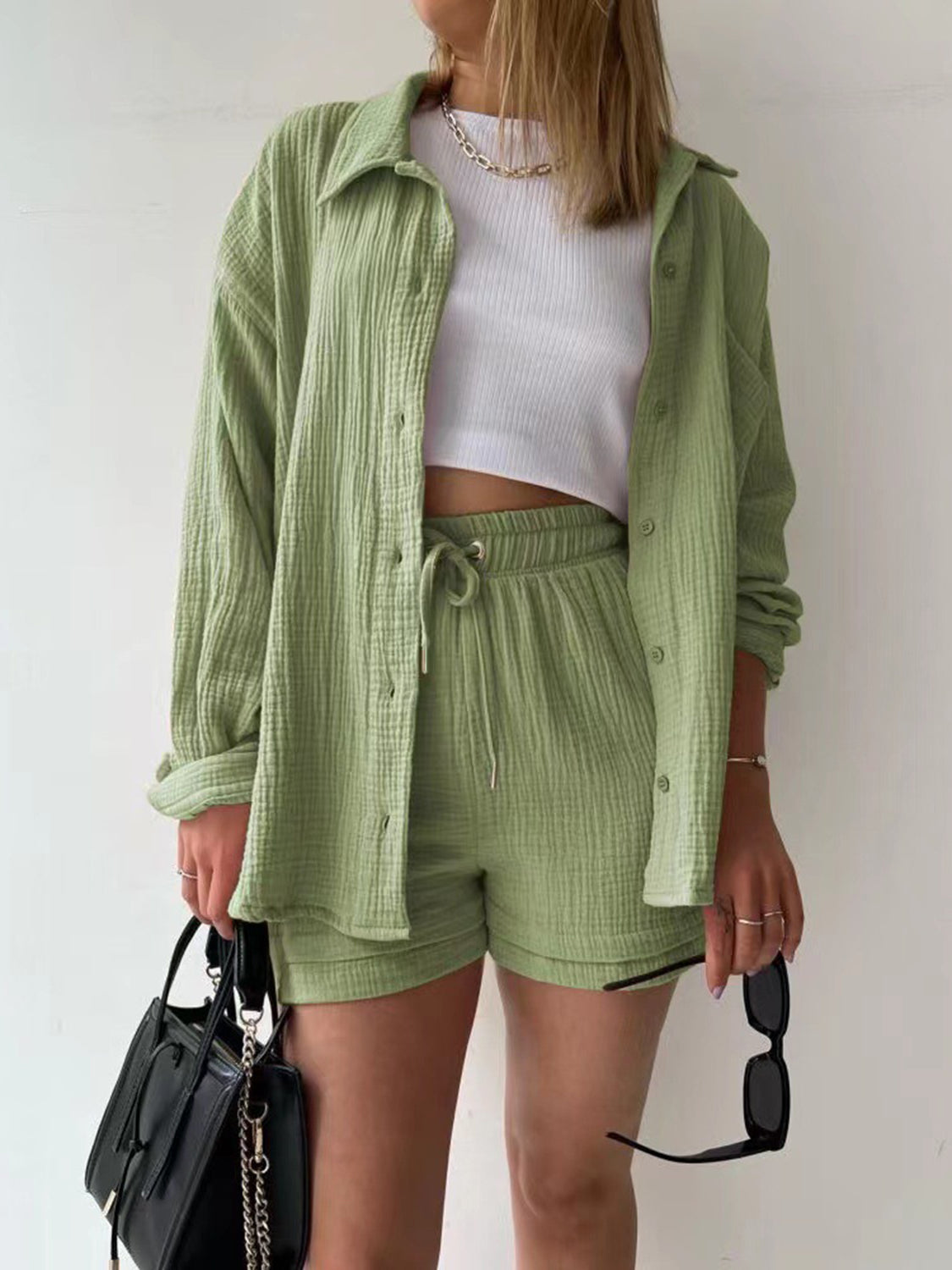 Luxe Divine Collection ~ Texture Button Up Shirt and Drawstring Shorts Set