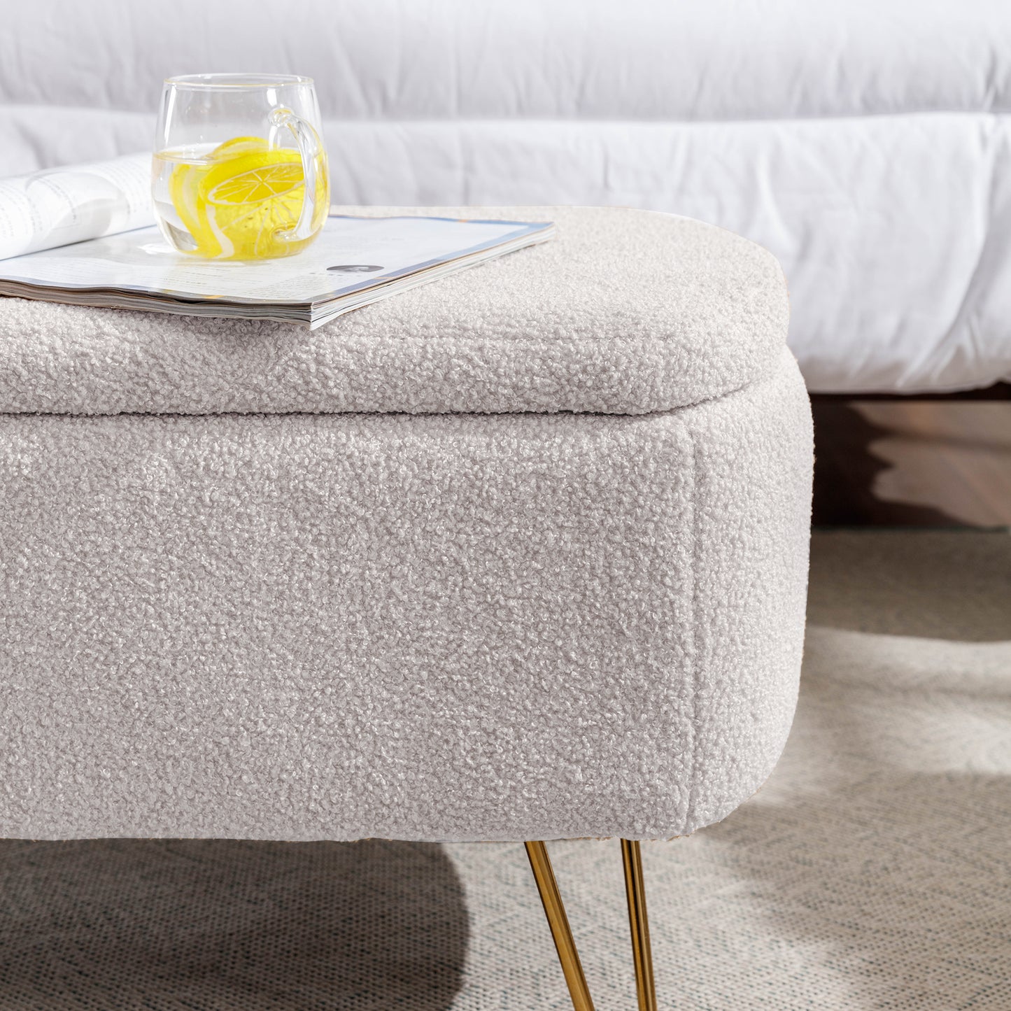 Luxe Divine Collection ~ Ivory White Storage Ottoman Bench for End of Bed Gold Legs