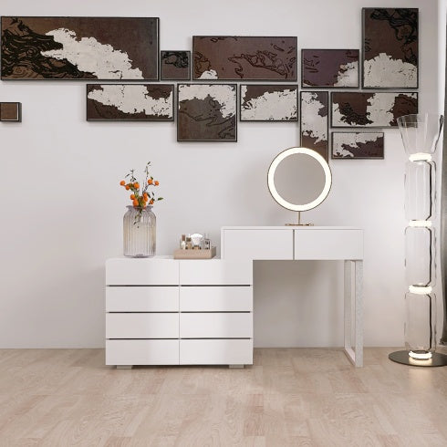 Luxe Divine Collection ~ Extended Desktop Vanity with 10 Drawers Chest Of Drawer Without Handle White
