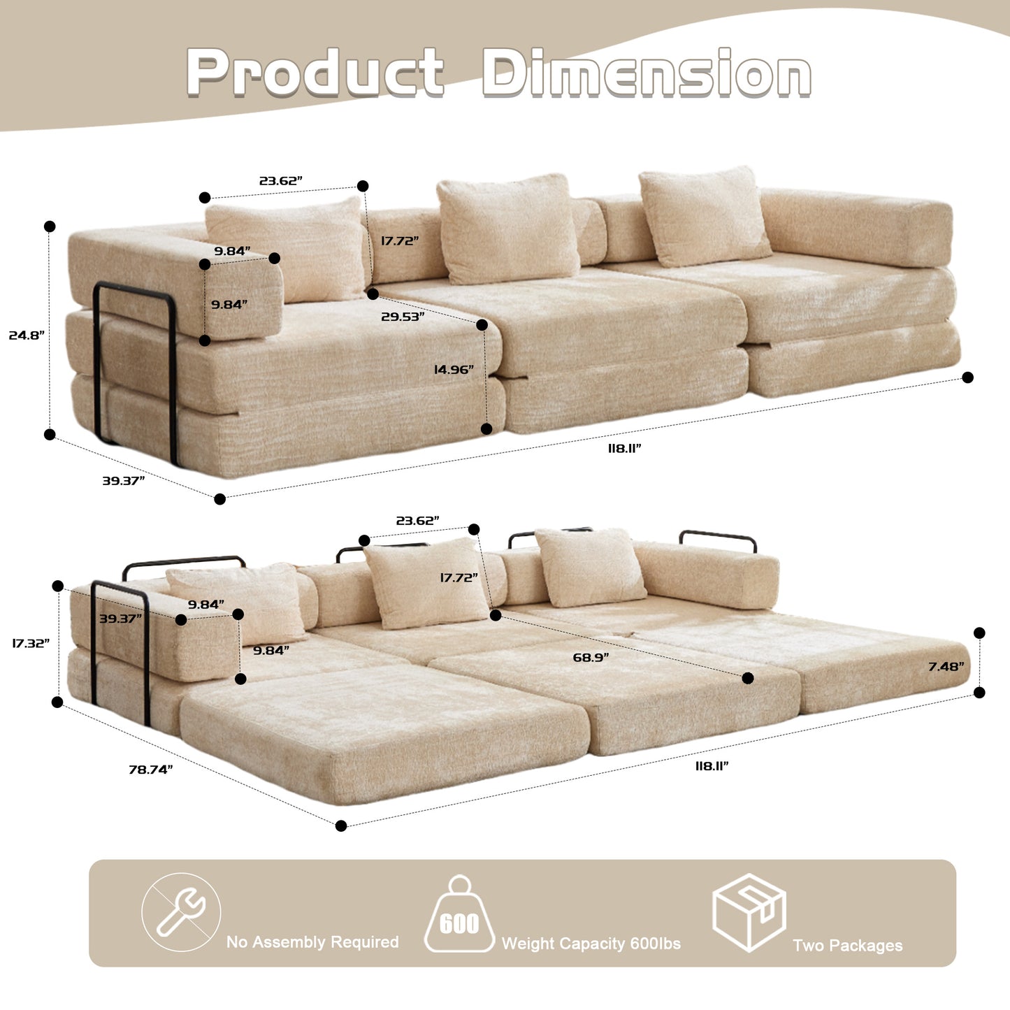 Compression Sofa,Convertible Floor Sofa Bed With Fixed-Shape Frame, Boneless Modular Sectional Sofa,No Assembly Required,Chenille Fabric,for Living Room Bedroom,Beige