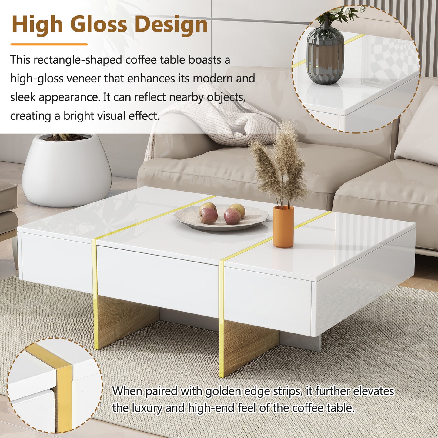 Luxe Divine Collection ~ 47.2 inch x 31.4 inch Multifunctional Rectangular Sofa Table with 2 drawers and Gold Wood Grain Leg Center Table, white