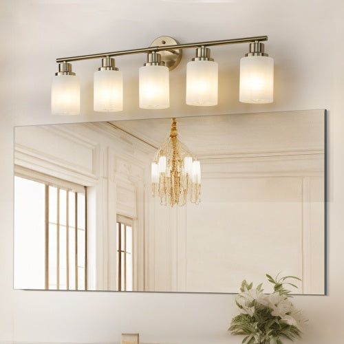 Luxe Divine Collection ~ 5 Lamps Gold Bathroom Vanity Lamp, Frosted Glass Shade, Modern Wall Mounted Lighting Chandelier