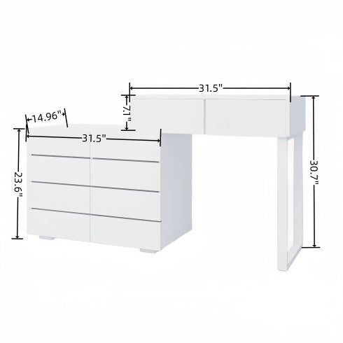 Luxe Divine Collection ~ Extended Desktop Vanity with 10 Drawers Chest Of Drawer Without Handle White