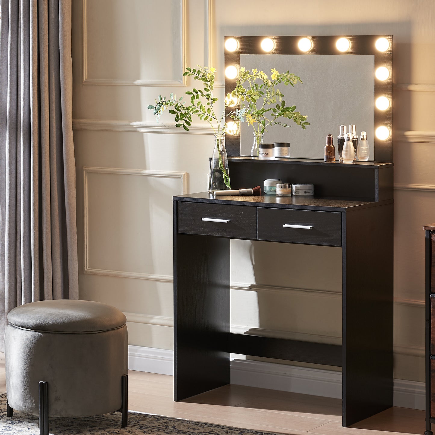 Luxe Divine Collection ~ Black Make-up Vanity Table With Mirror And Lamp
