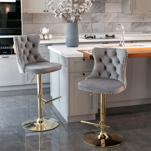 Luxe Divine Collection ~ Golden Swivel Velvet Barstools Adjustable Seat Height From 25-33 Inch Gray, Nailhead Trim, Set Of 2