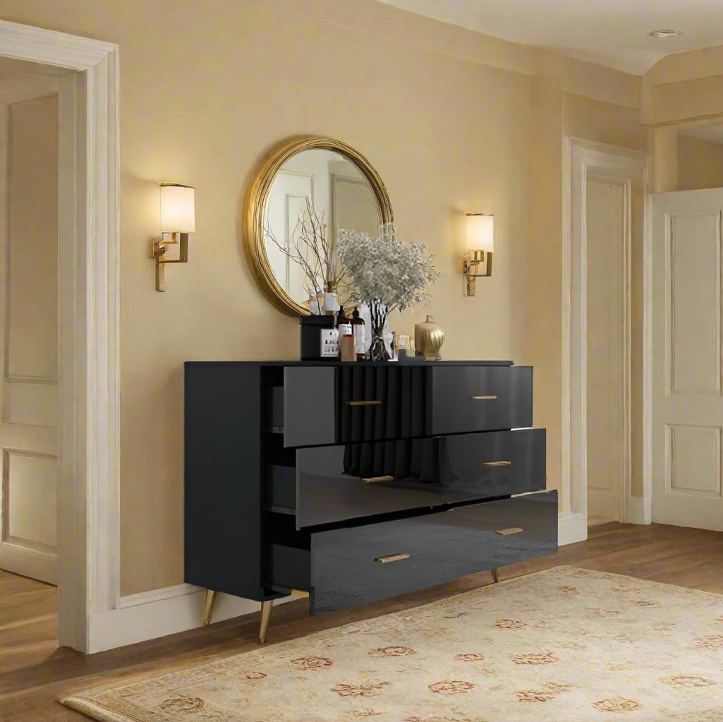 Luxe Divine Collection ~ High Glossy Surface 6 Drawers Chest Of Drawer With Golden Handle And Golden Steel Legs White Color Vanity
