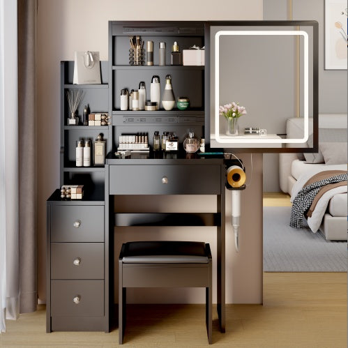 Luxe Divine Collection ~ Black Small Space Left Bedside Cabinet Vanity Table Cushioned Stool, Power Station, Hair Dryer Bracket