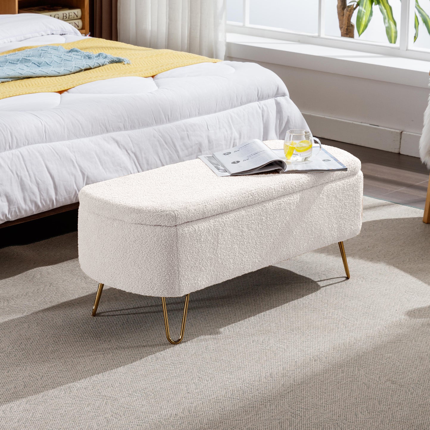 Luxe Divine Collection ~ Ivory White Storage Ottoman Bench for End of Bed Gold Legs