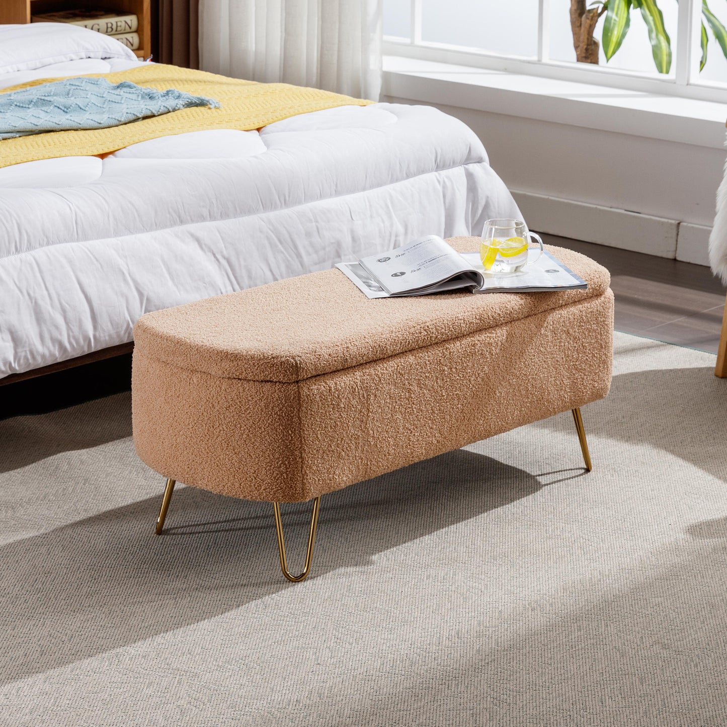 Luxe Divine Collection ~ Camel Storage Ottoman Bench for End of Bed Gold Legs