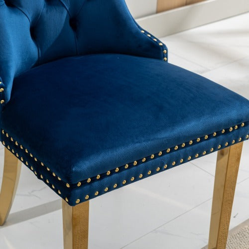 Luxe Divine Collection ~ Luxury Tufted Solid Wood Contemporary Velvet Upholstered Dining Chair With Golden Stainless Steel Plating Legs,Nailhead Trim, Set Of 2