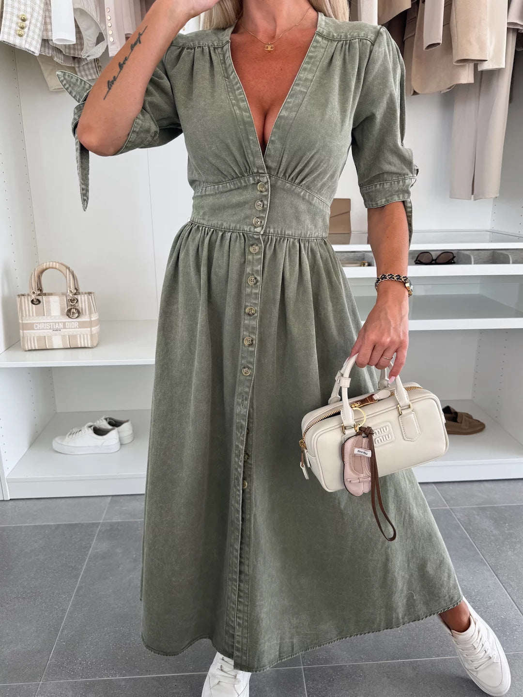 Luxe Divine Collection ~ V-neck Long Button Denim Dress