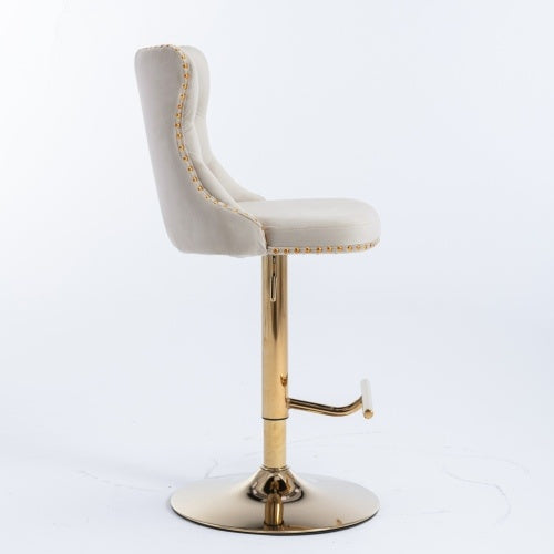 Luxe Divine Collection ~ Golden Swivel Velvet Barstools Adjustable Seat Height From 25-33 Inch Beige, Nailhead Trim, Set Of 2