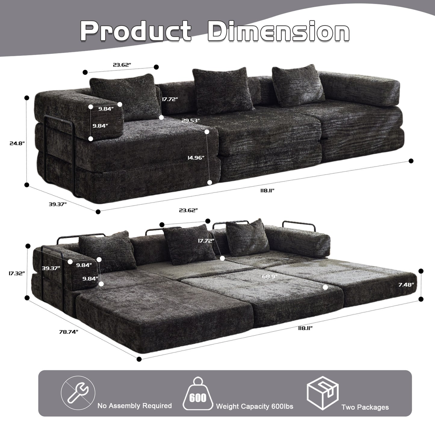 Compression Sofa,Convertible Floor Sofa Bed With Fixed-Shape Frame, Boneless Modular Sectional Sofa,No Assembly Required,Chenille Fabric,for Living Room Bedroom,Black